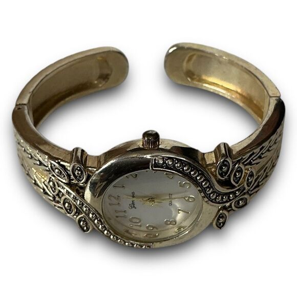 Y2K Vintage Gold Tone Round Face Bangle Cuff Bracelet Watch - Picture 12 of 14